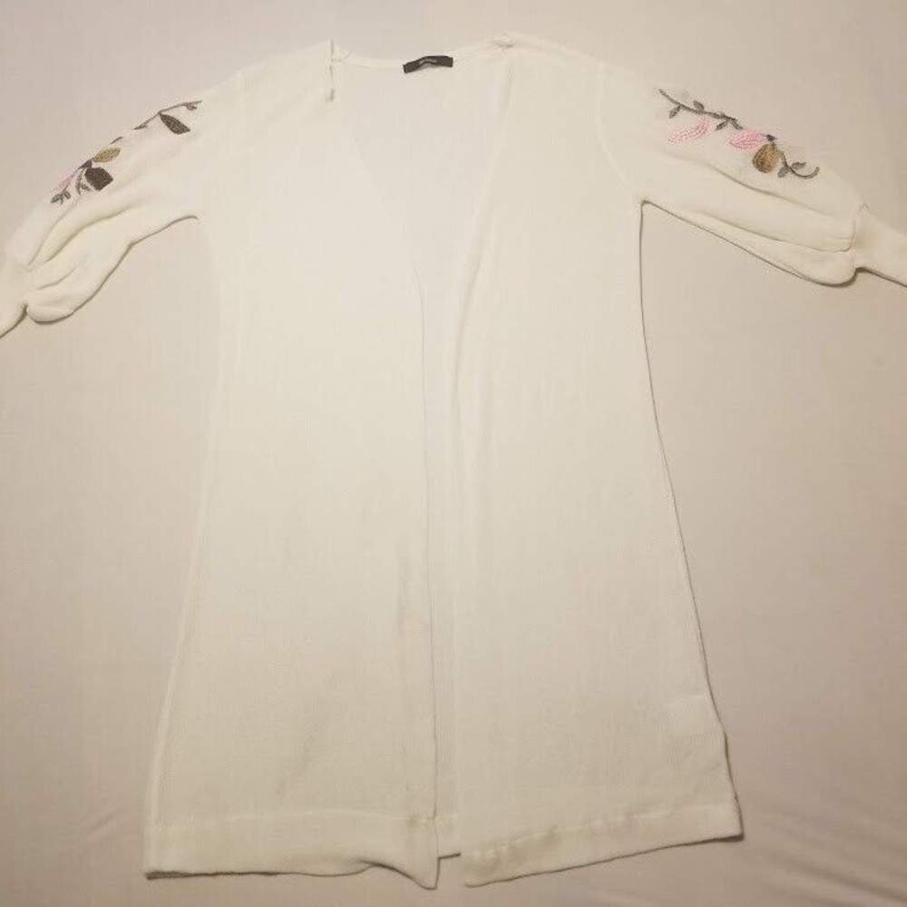 Blouson Open Front Cardigan Women Size OS White Floral Print 3/4 Sleeve